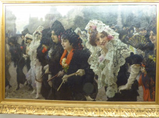 Good Friday in Madrid.Ladies walking with Mantillas, 1914